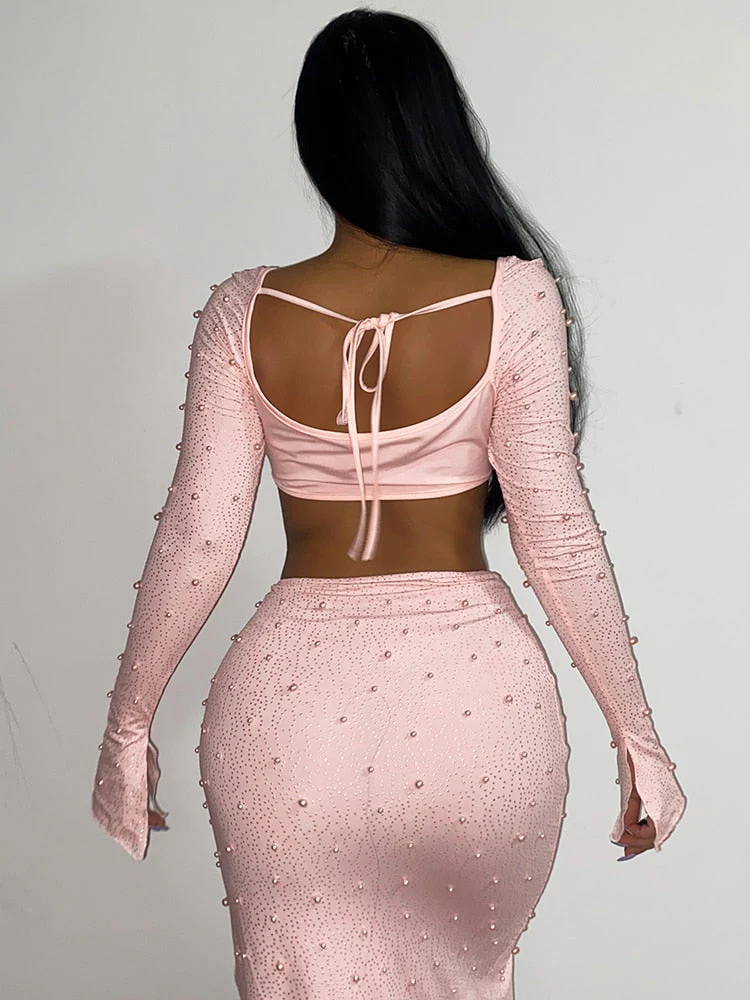 Hulianfu Autumn Pearl Diamonds Suit Women Two Piece Set Folds Polo-Neck Cropped Top Split Long Skirts Outfits Vacation Party - Deanwangkt