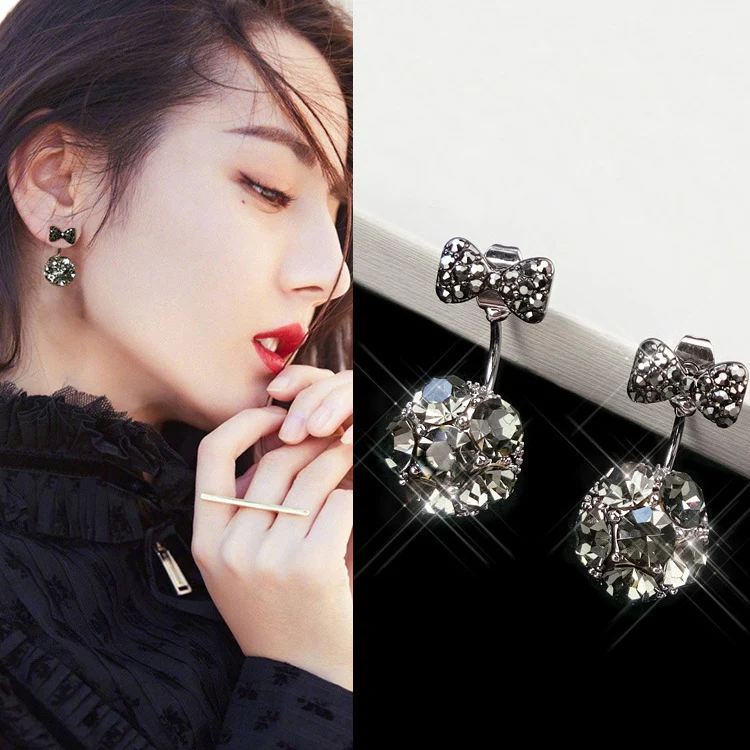 2025 S925 silver needle simple temperament tassel Korean sweet small ball rhinestone stud earrings hanging bow earrings women - Deanwangkt