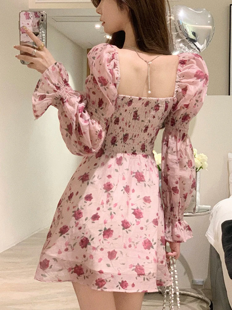 Hulianfu Vintage Sweet Korean Fashion Floral Bodycon Mini Dress for Women Party Beach Long Sleeve Casual Dresses Elegant Summer 2026  Pink - Deanwangkt