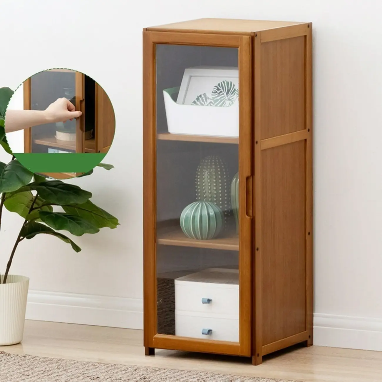 Freestanding Vintage Bamboo Curio Cabinet with Glass Door