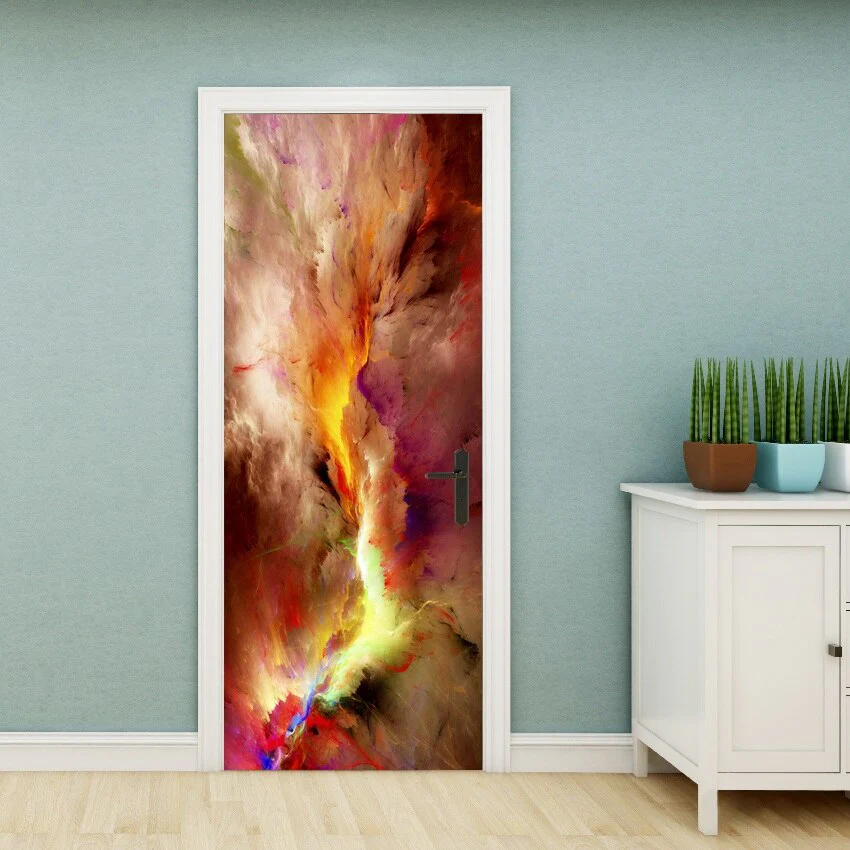 HULIANFU PVC Material Self-adhesive Door Stickers Art Colorful Light Tie-dye Blooming Abstract Home Decor Poster Door Decoration Stickers - Deanwangkt