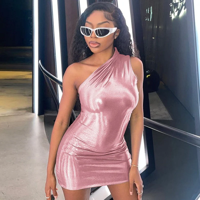 Hulianfu Pu Leather One Shoulder Sleeveless Draped Mini Prom Dress 2026  Summer Fall Women Elegant Y2K Evening Party Club Clothes - Deanwangkt