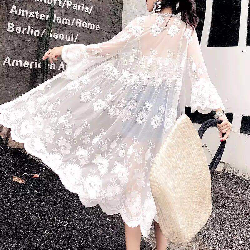 Hulianfu Women Blouse Sun Protection Outerwear Fashion Long Flare Sleeve Mesh Embroidery Thin Loose Party Holiday Maiden Outerwear Sexy - Deanwangkt
