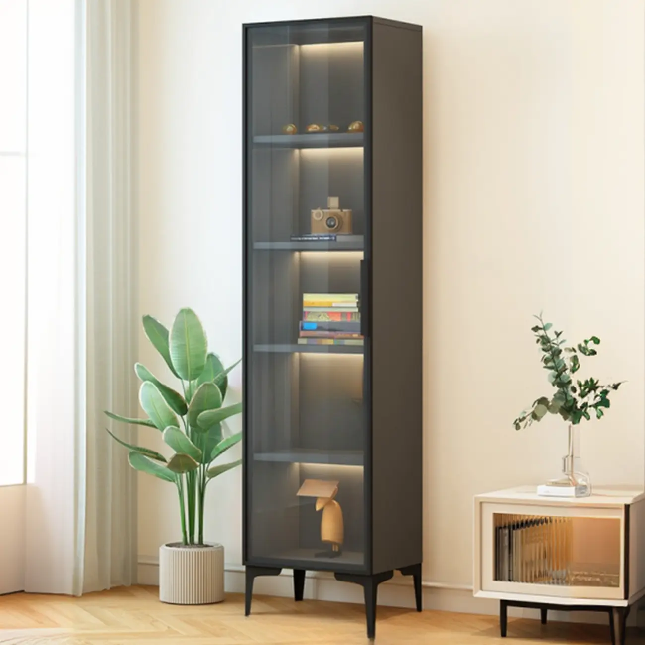 Modern Black Wood Clear Glass Lighting Display Cabinet