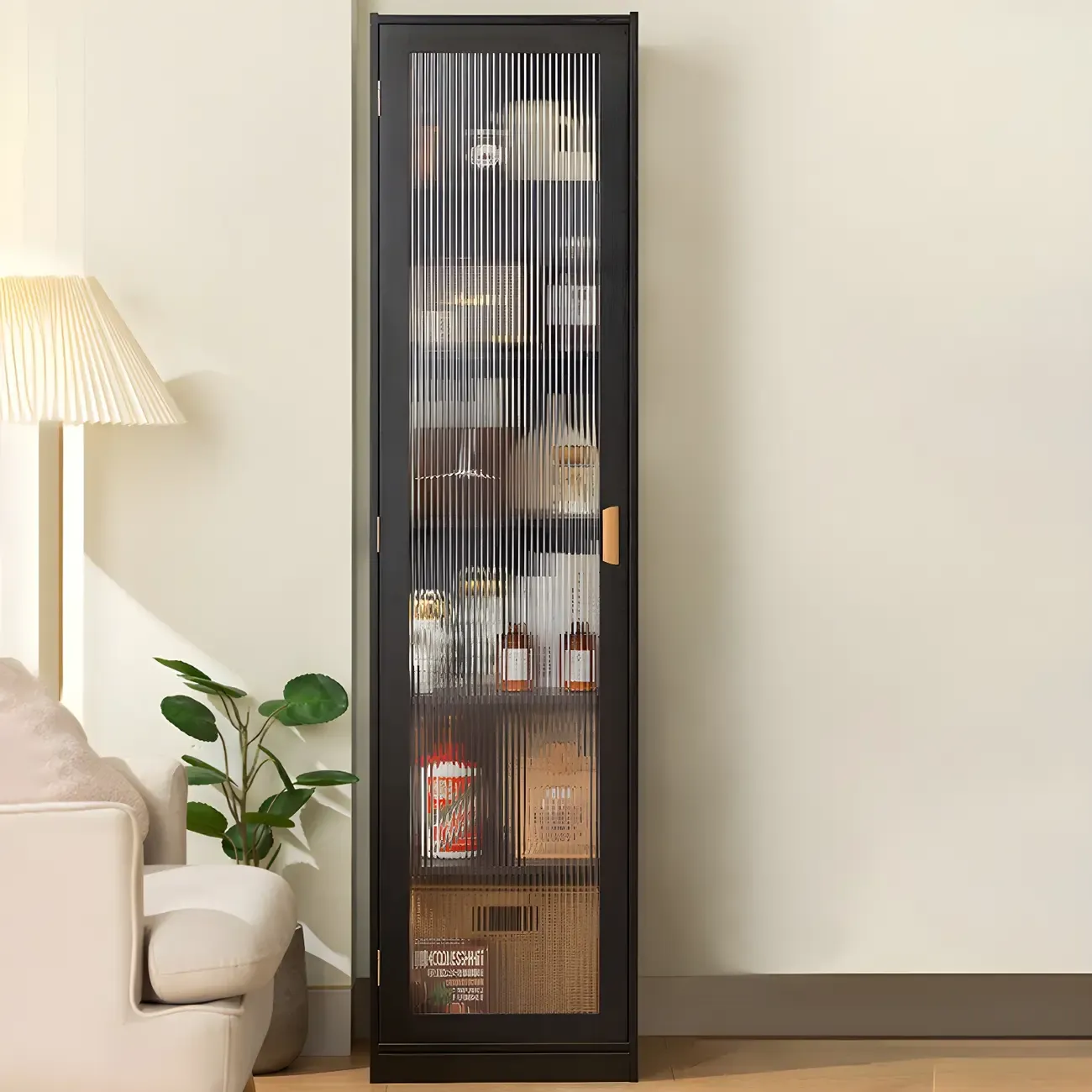 Narrow Adjustable Scandinavian Bamboo Glass Curio Cabinet