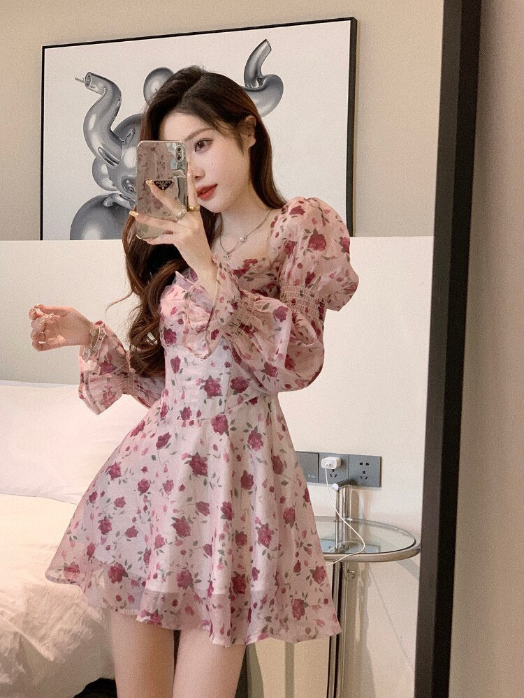 Hulianfu Vintage Sweet Korean Fashion Floral Bodycon Mini Dress for Women Party Beach Long Sleeve Casual Dresses Elegant Summer 2026  Pink - Deanwangkt