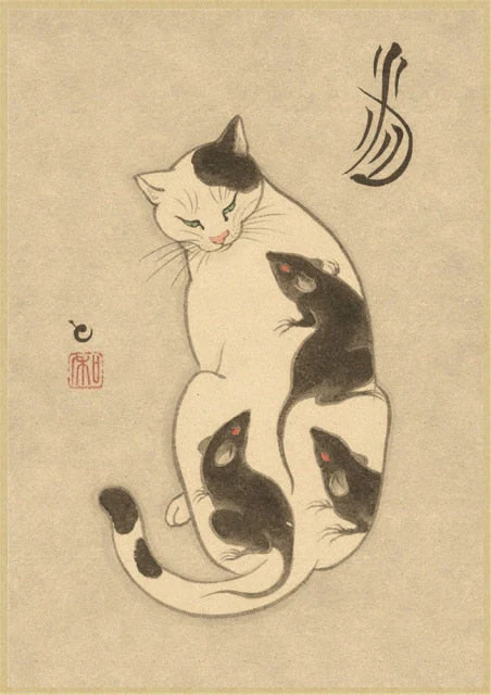 HULIANFU Japanese samurai cat tattoo cat vintage poster wall art sticker painting living room decoration bedroom print picture - Deanwangkt