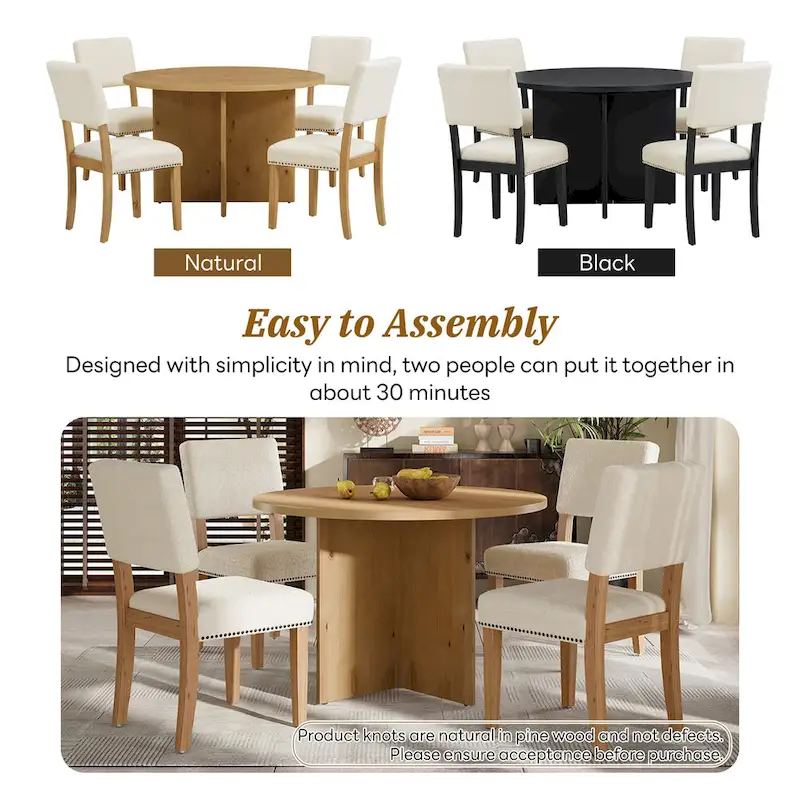 Farmhouse Style 5-Piece Wooden Dining Set with Round Table and 4 Lambswool-like Fabric Upholstered Chairs