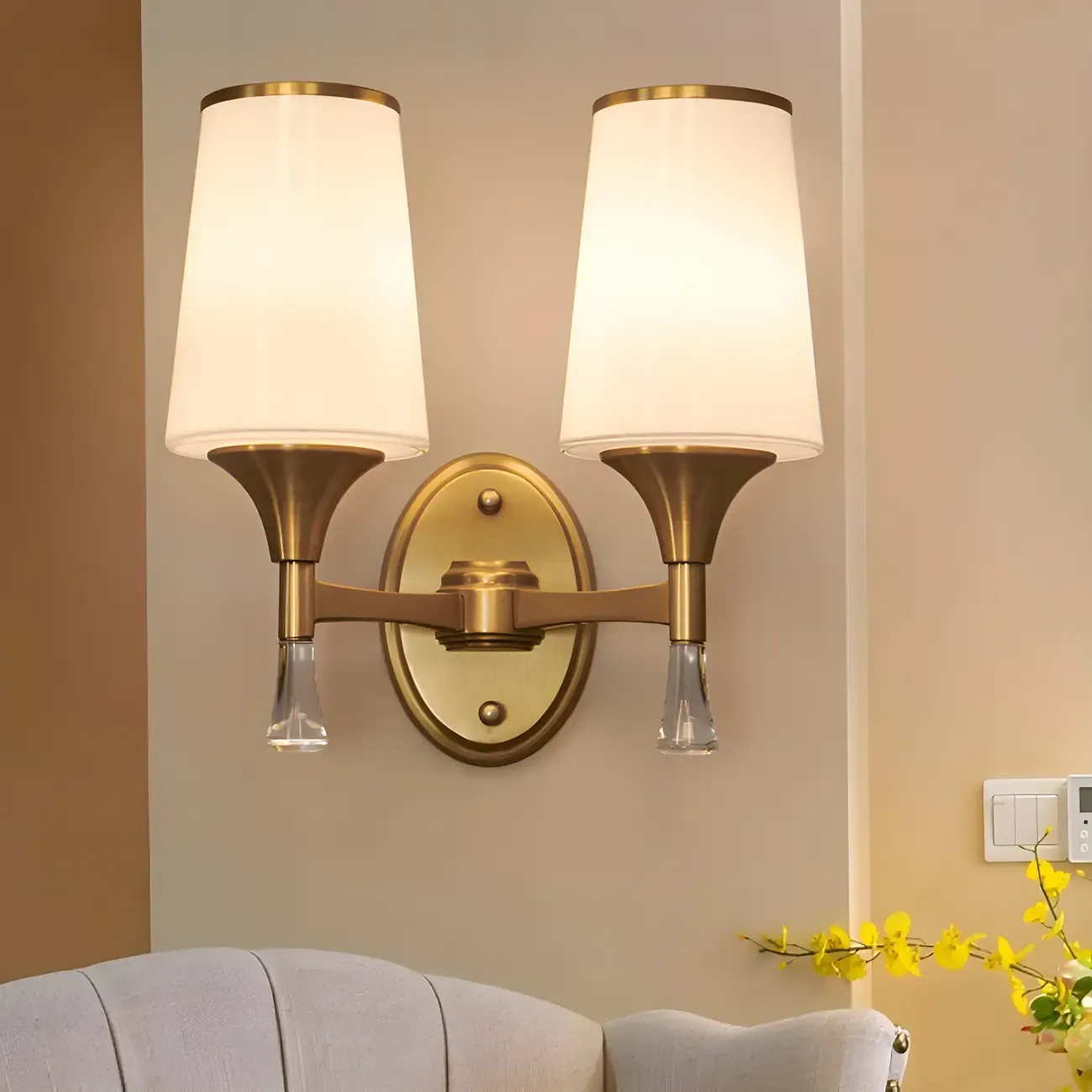 Vintage Gold 2-Light LED Wall Sconce with Glass Lampshades