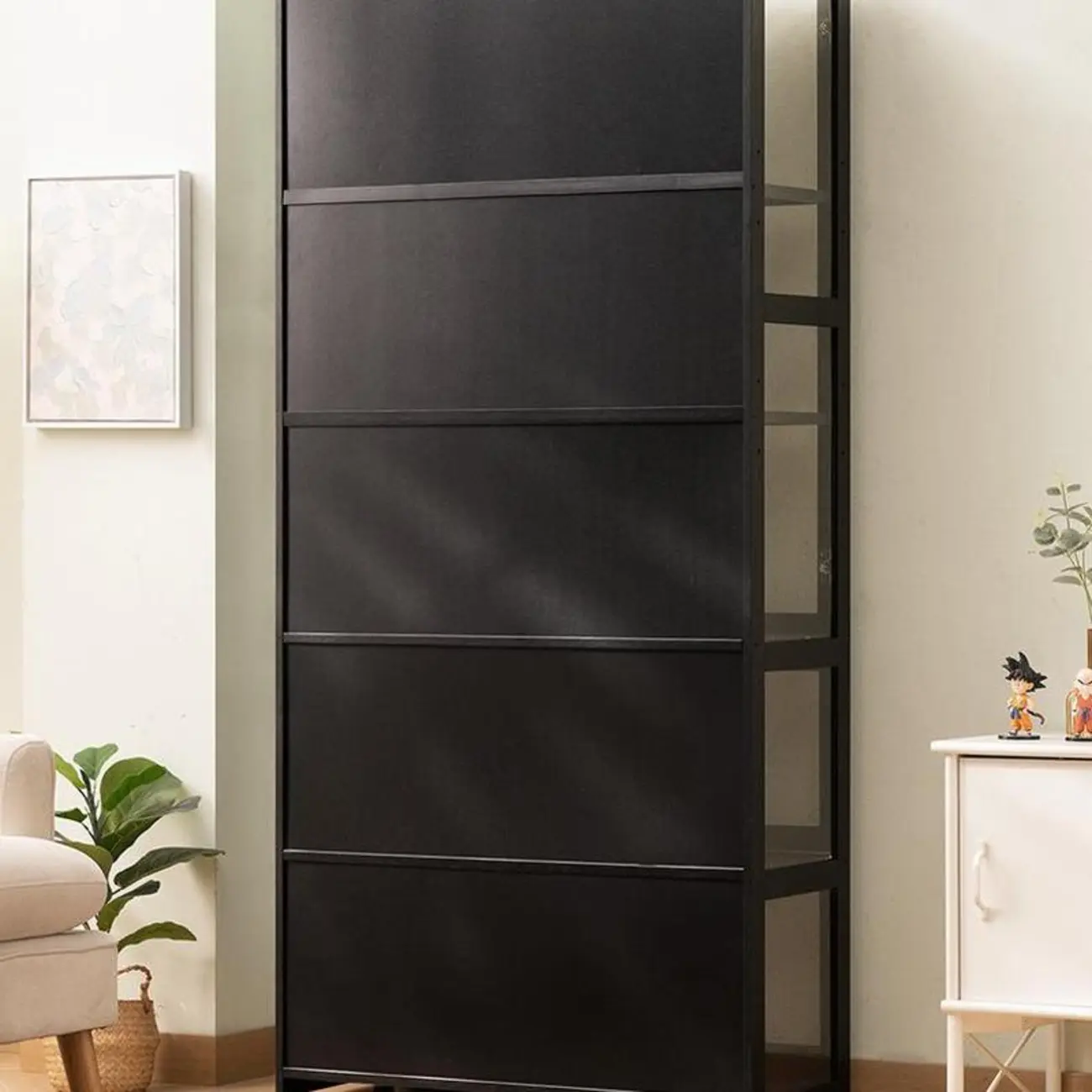 Modern Black Bamboo Adjustable Shelves Glass Display Cabinet