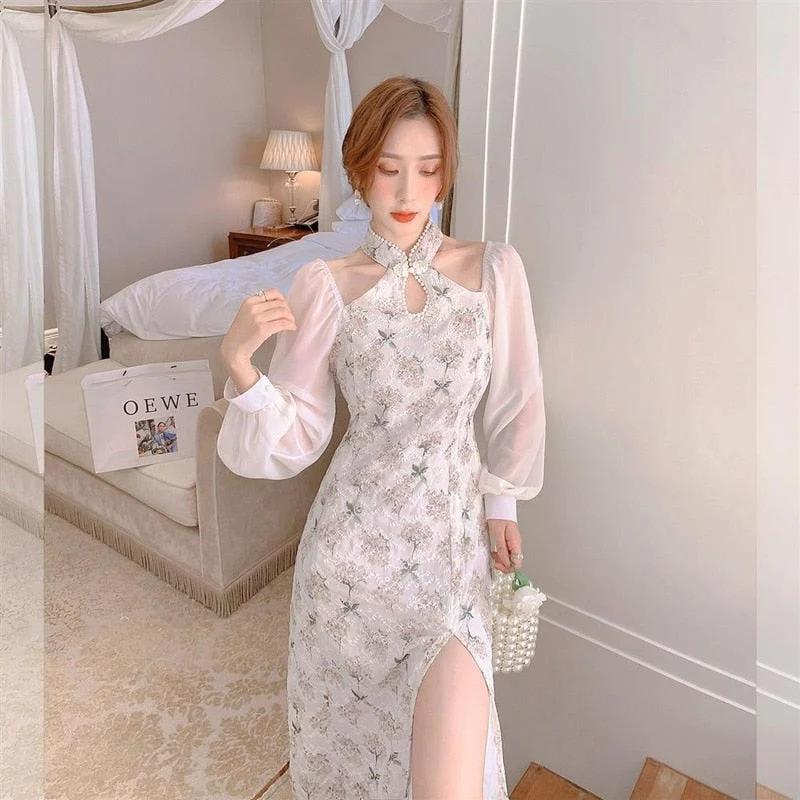 Hulianfu Elegant Vintage Cheongsam Dress Women Patchwork Floral Korean Split Party Dress Lady Casual Design Long Sleeve Fairy Midi Dress - Deanwangkt