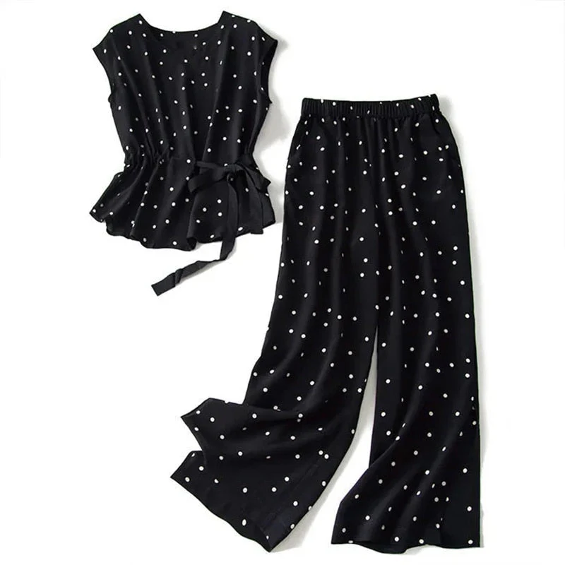 Matching suit polka dot chiffon trousers two-piece large size summer Korean fashion retro casual top wide leg pants suit - Deanwangkt