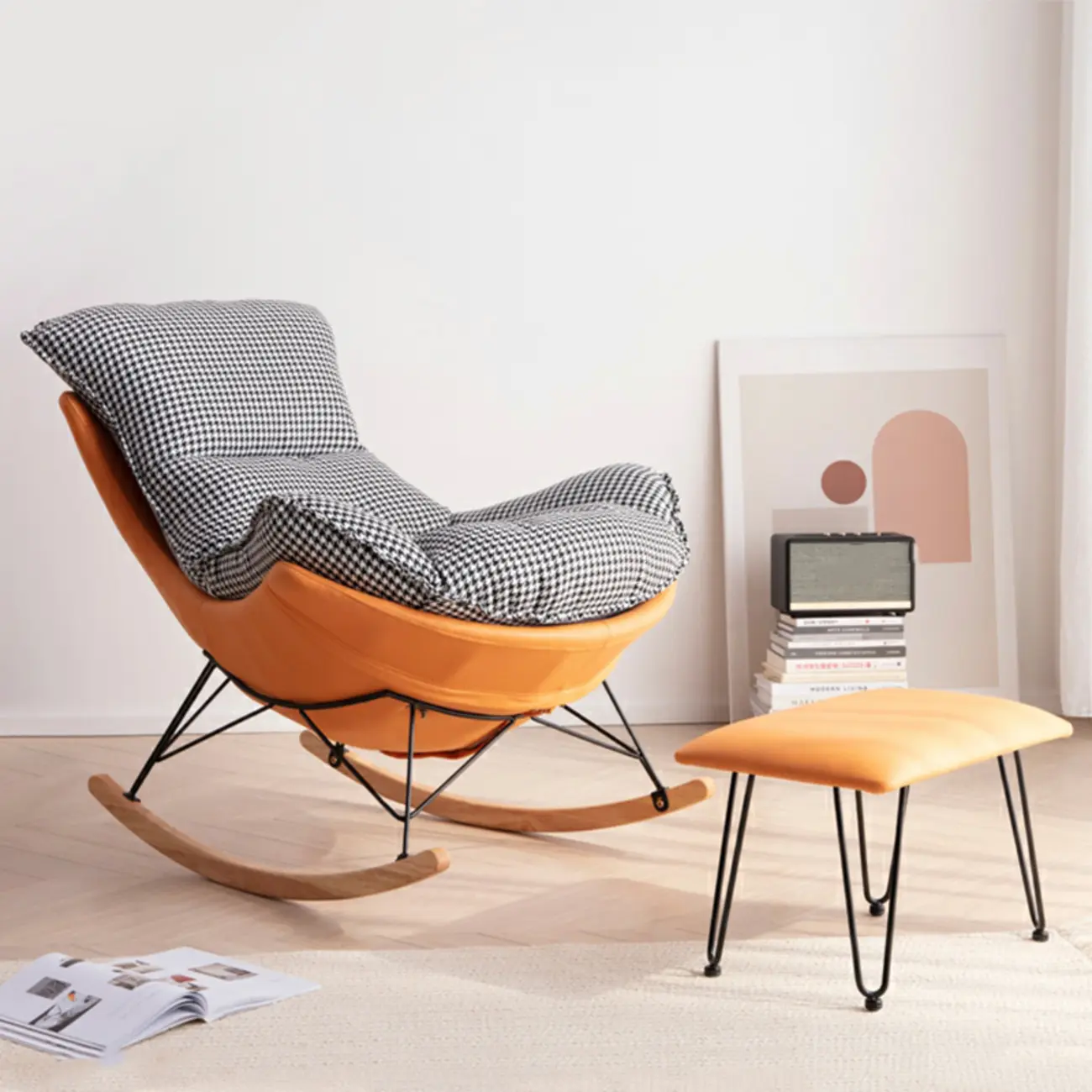 Mid Century Modern Upholstered Rocking Chair with Ottoman