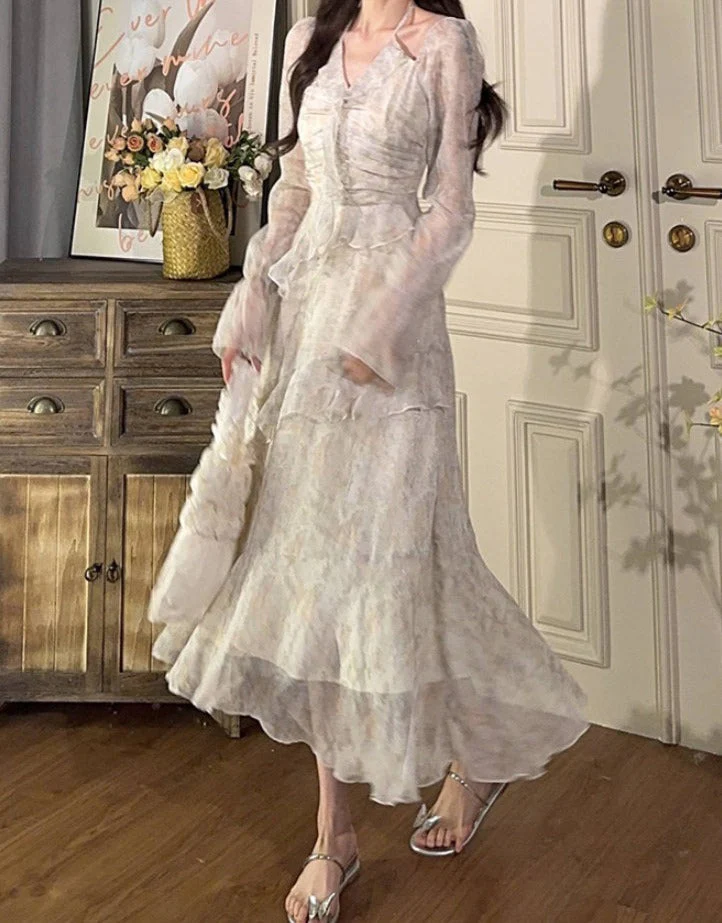 Hulianfu French Style Floral Dress for Women 2026  V Neck Long Sleeve Mini Dress Elegant Chic Sweet Asymmetrical Midi Sexy Dress - Deanwangkt