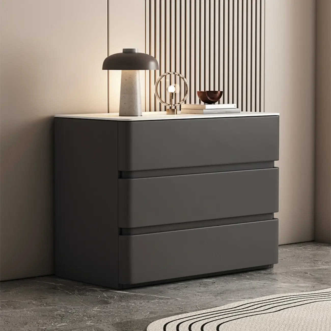 Rectangle Stone Top Wooden 3-Drawer Nightstand