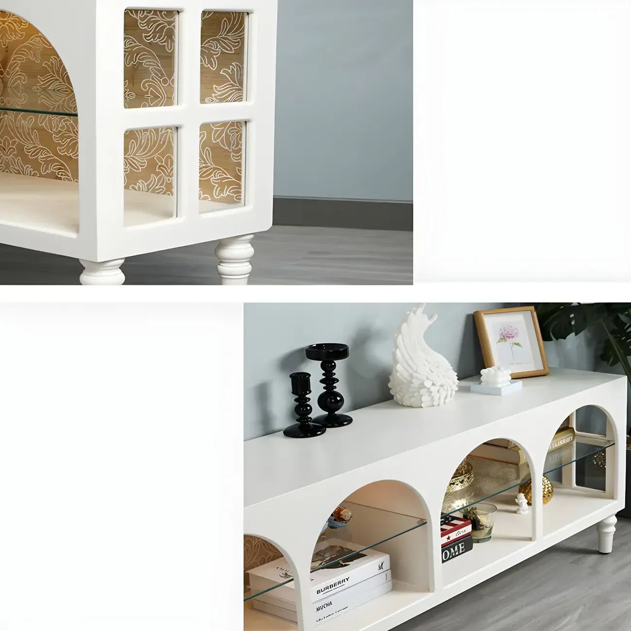 Rectangular White Wood Glass Shelf Display Cabinet