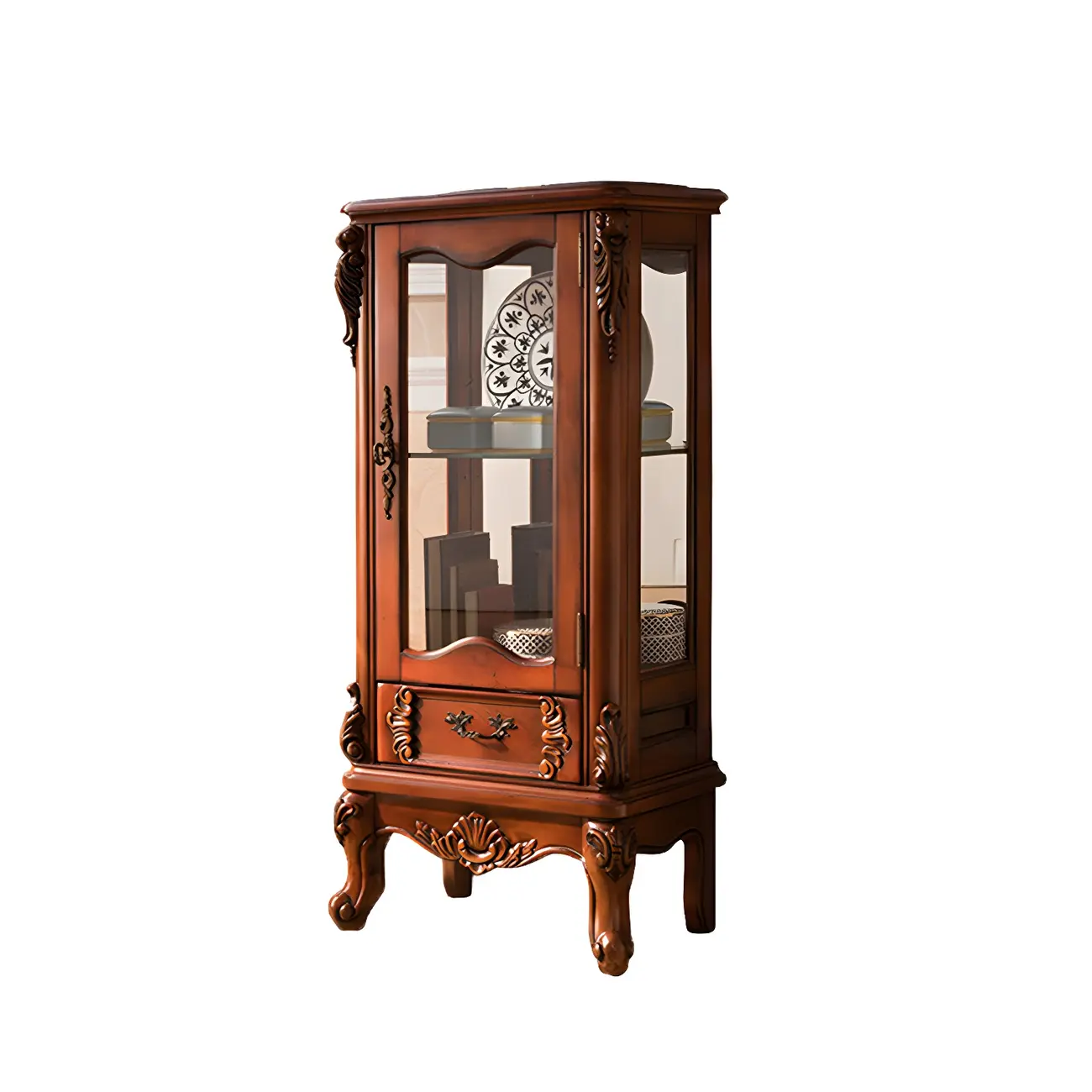 Traditional Wood Brown Glass Shelf Display Cabinet