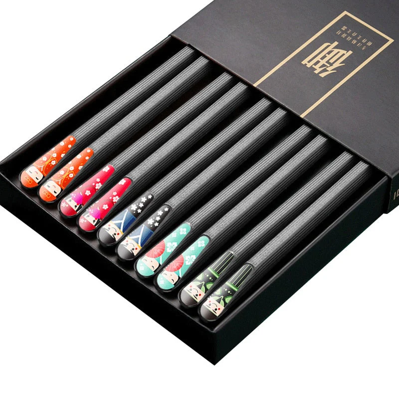 HULIANFU JANKNG 5 Pair Japanese Chopsticks Alloy Non-Slip Sushi Chop Sticks Set Chinese Gift Reusable Chopsticks Tableware Gift Kitchen - Deanwangkt