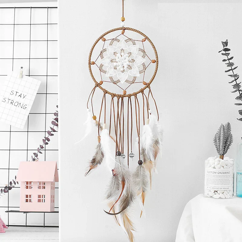 HULIANFU Original silver gray dream catcher 2 ring Indian feather hanging art gifts to bestie friends creative valentine's day gifts - Deanwangkt