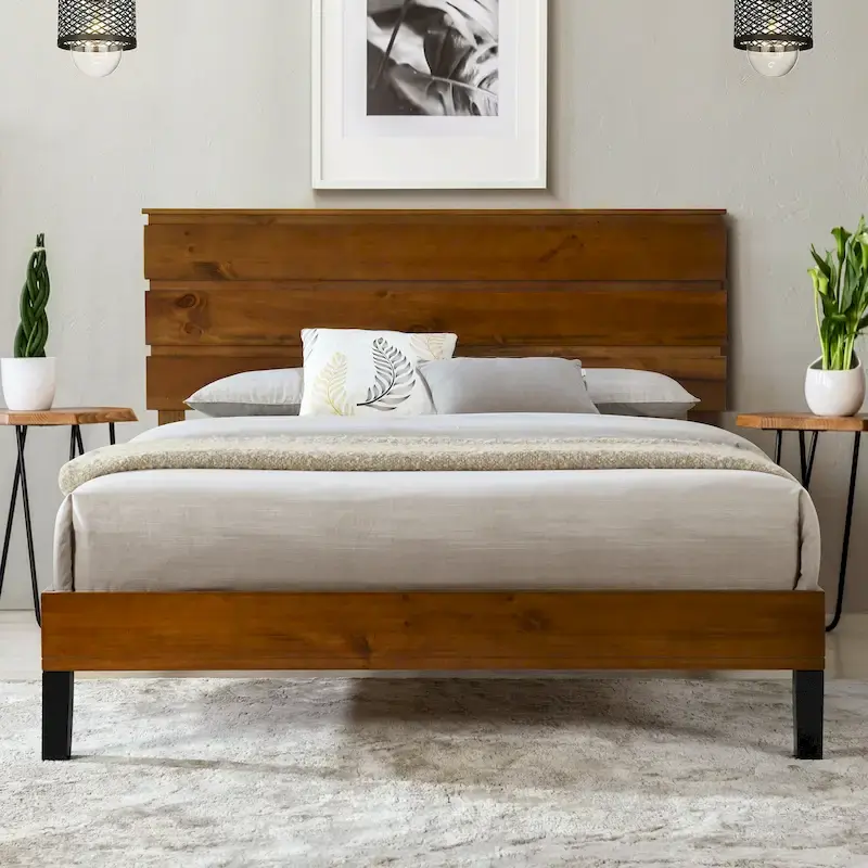 Brown King Size Mid-Century Modern Solid Wood Platform Bed with Three-Piece Headboard Design