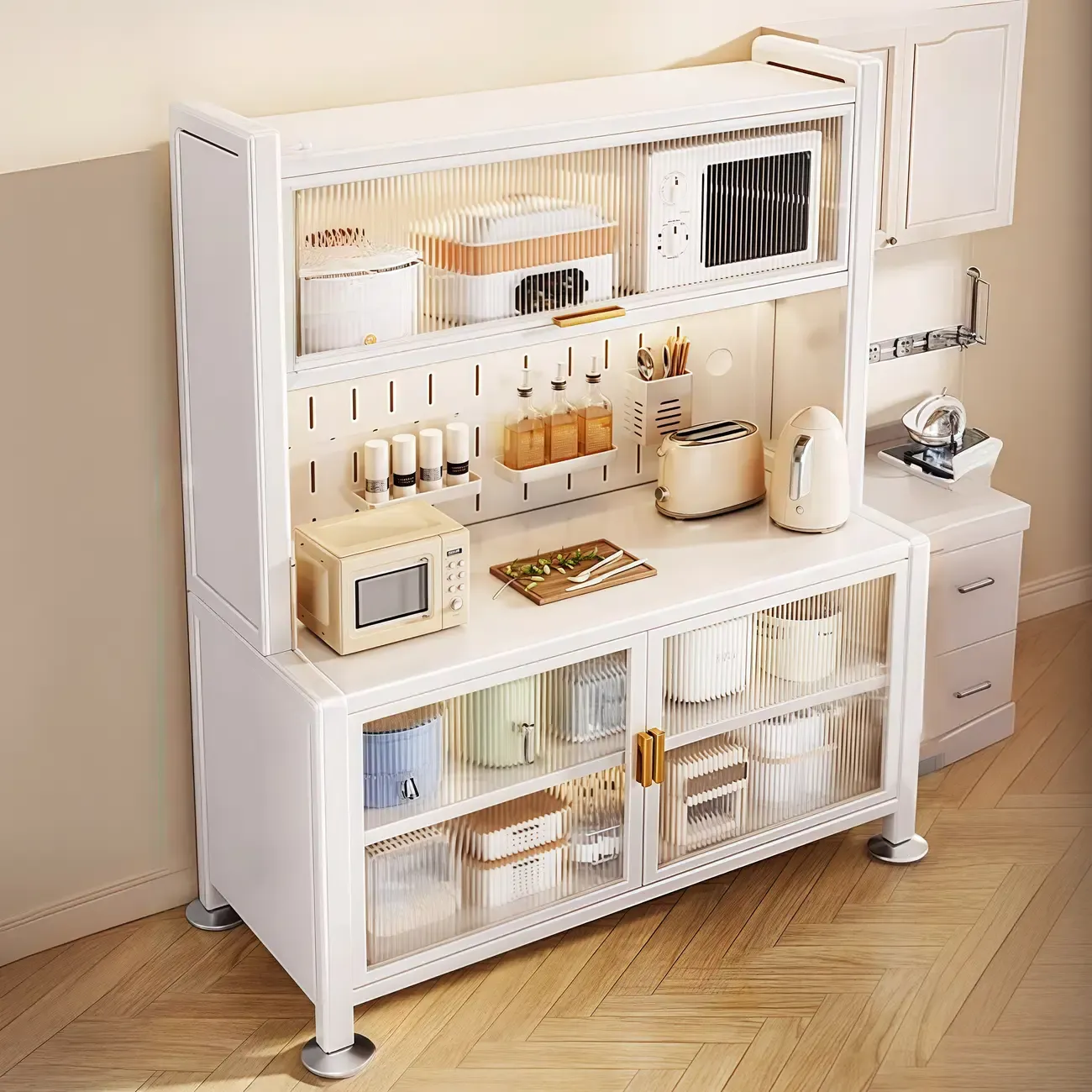 Simple Metal Pegboard Organization Sideboard with Glass Door