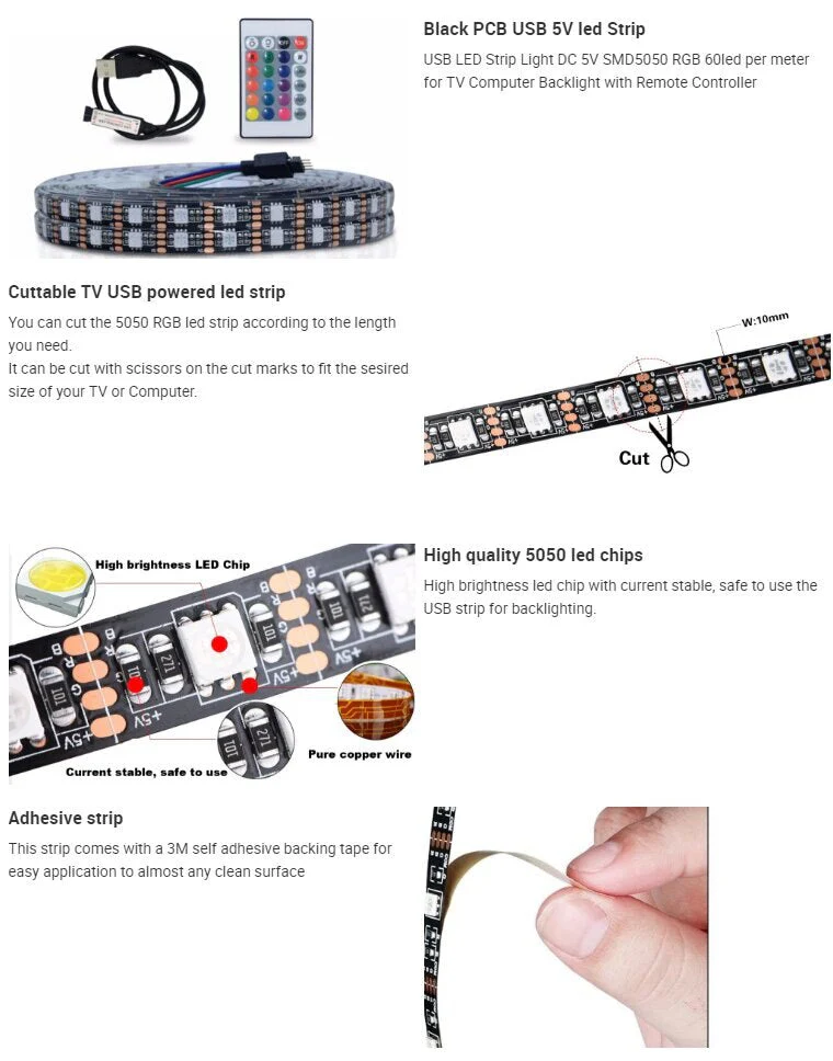 HULIANFU LED Strip Light USB 2835SMD DC 5V Flexible LED Lamp Tape Ribbon RGB 0.5M 1M 2M 3M 4M 5M Backlight - Deanwangkt