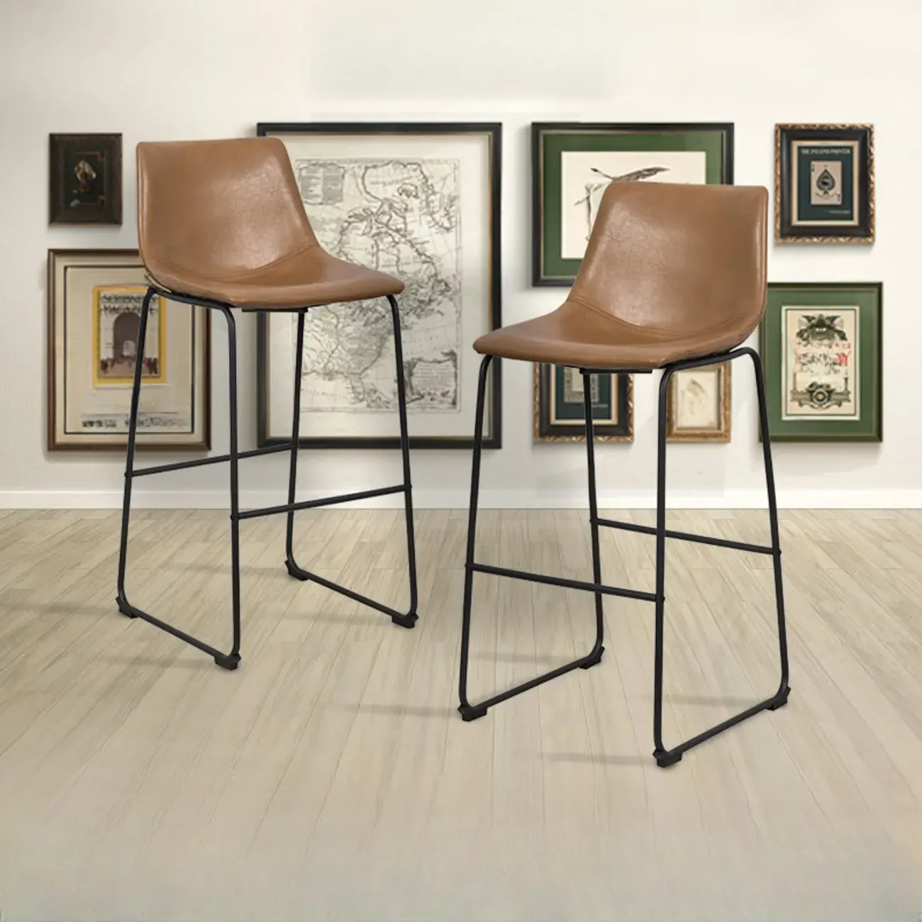 Modern Pedestal Upholstered Leather Counter Height Bar Stools