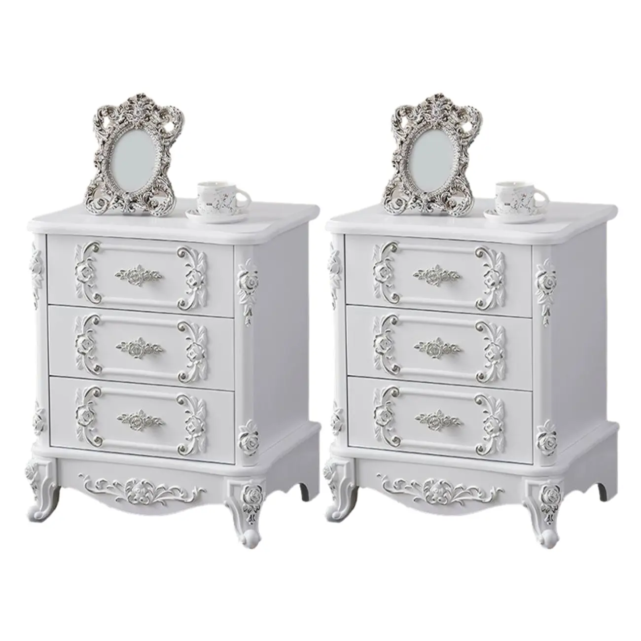 Traditional White Wood Carved 3-Drawer Nightstand