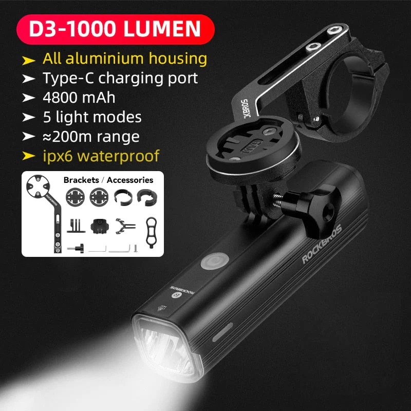 HULIANFU ROCKBROS 1000LM Bike Light Front Lamp USB Rechargeable LED 4800mAh Bicycle Light Waterproof Headlight Bike Accessories - Deanwangkt