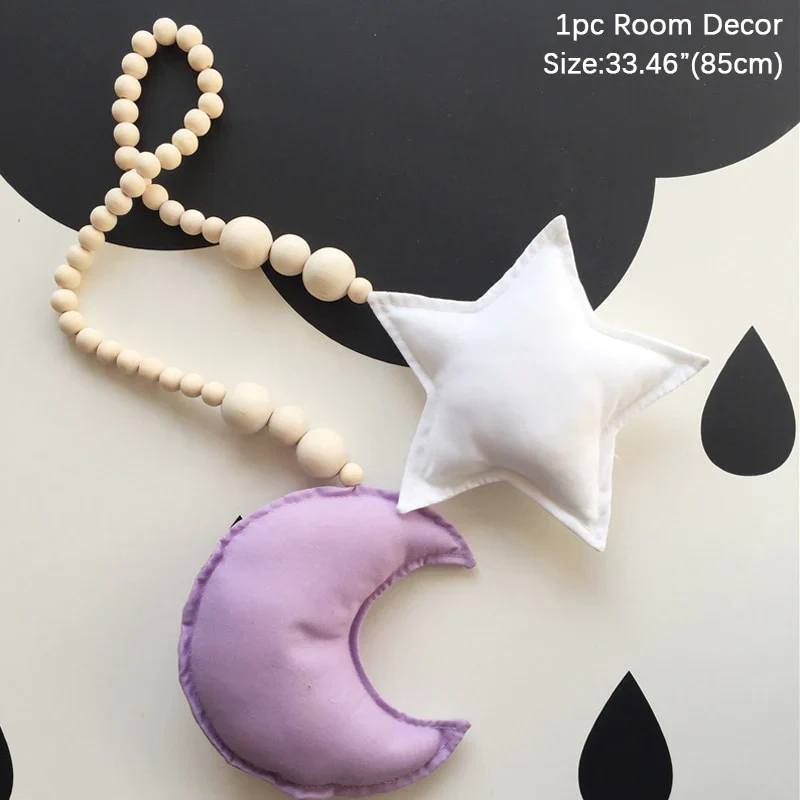 HULIANFU Nordic Boho Room Decor Double Star Moon Wooden Beads Cotton Hanging Wall Decoration Kawaii Kids Baby Bedroom Living Room Decor - Deanwangkt