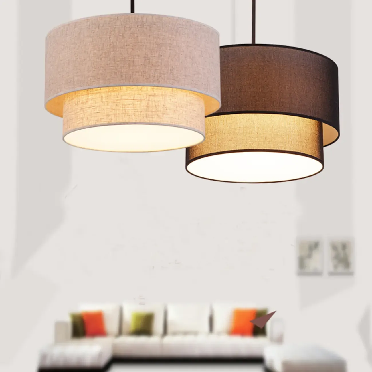 Modern 2 Tiers Fabric Drum Chandeliers for Living Room