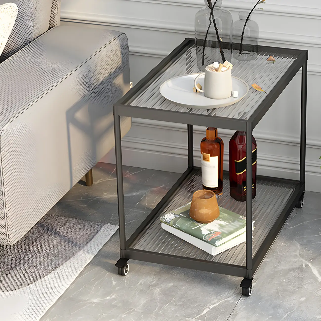 Gold Glass Rectangular Top Shelf Side Table on Wheels