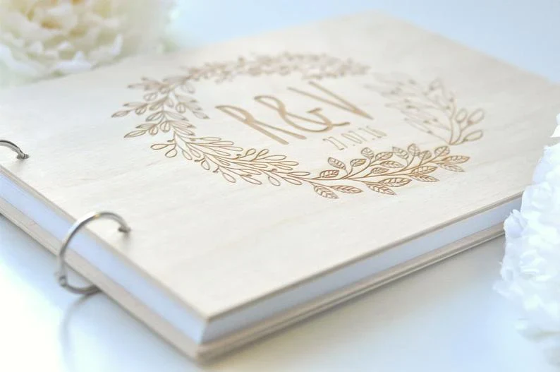 HULIANFU Personalized GuestBook wreath, garden wedding Engraved Wooden Guest Book, floral wedding decor - Deanwangkt