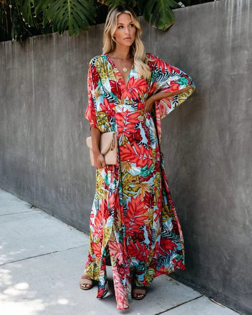 Leaves Print Bikini Beach Cover up Tunics for Beach Long Kaftan Bikini Cover up Robe de Plage Sarong Beach Swimsuit cover-ups - Deanwangkt