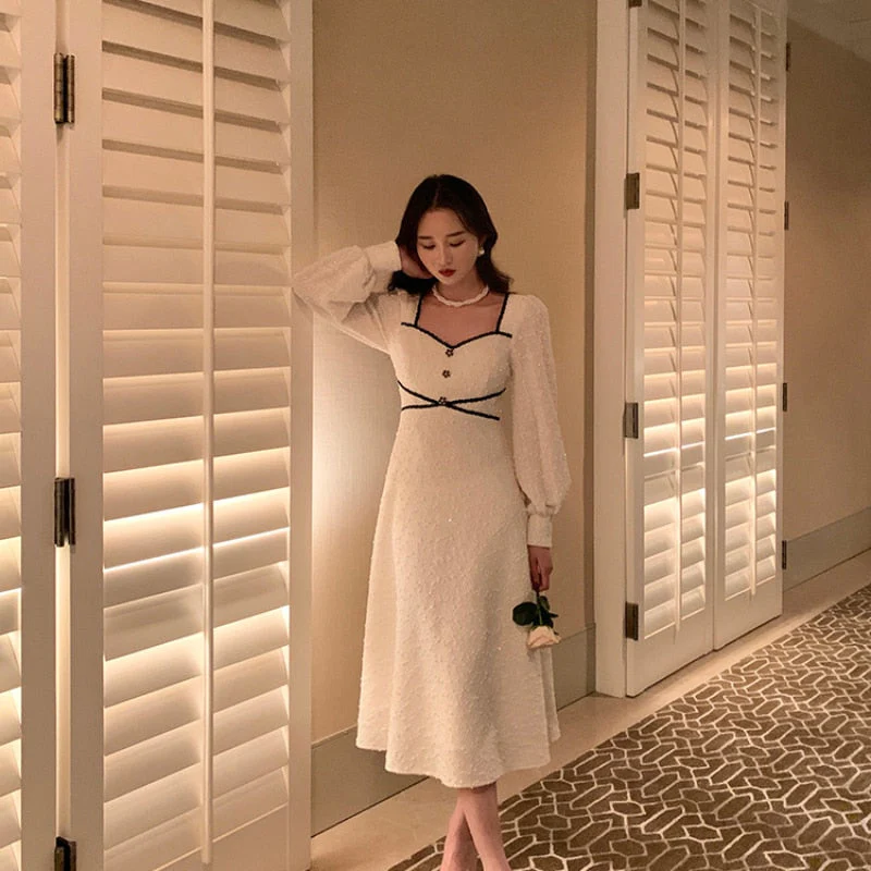 Hulianfu Vintage Button Dresses for Women Fairy Midi Party Dress Evening Office Lady Design One Piece Dress Elegant Korean Spring - Deanwangkt