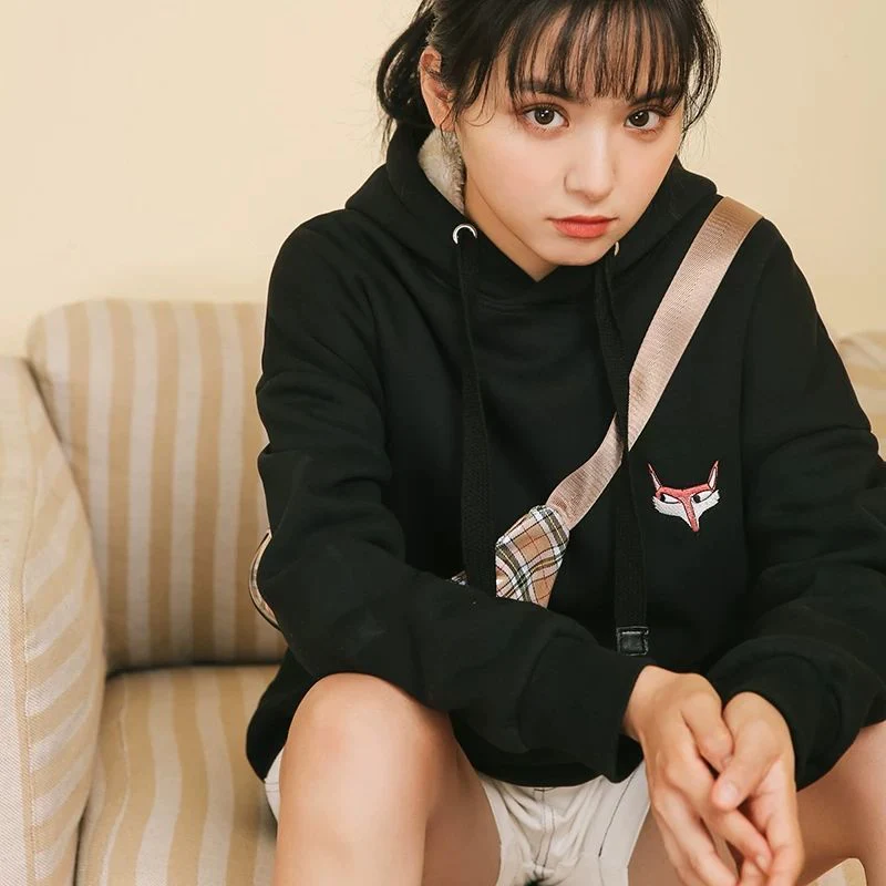 hulianfu Jacket women solid color hoodies autumn winter imitation lamb wool korean loose plus velvet thick zipper sweatshirt tops - Deanwangkt