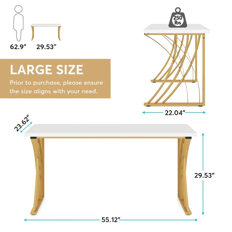 Modern Gold/White Computer Desk, 55 inch Dining Table with Gold Legs, Vanity Table, Conference Table