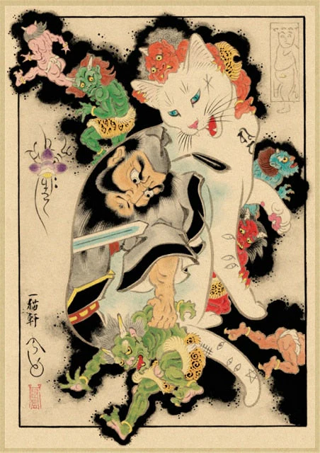 HULIANFU Japanese samurai cat tattoo cat vintage poster wall art sticker painting living room decoration bedroom print picture - Deanwangkt