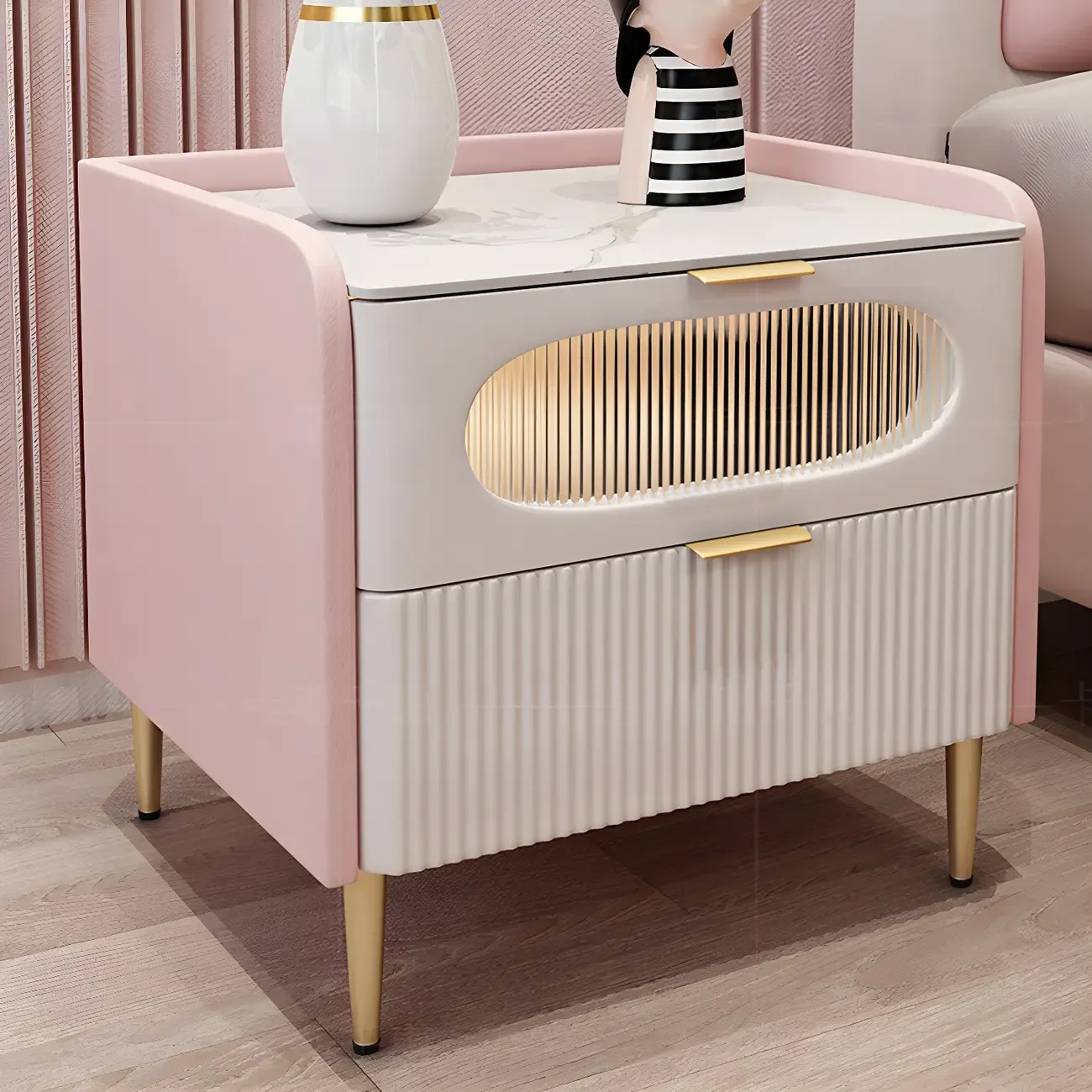 Modish Leather Bedside Table 2 Drawers with Stone Countertop