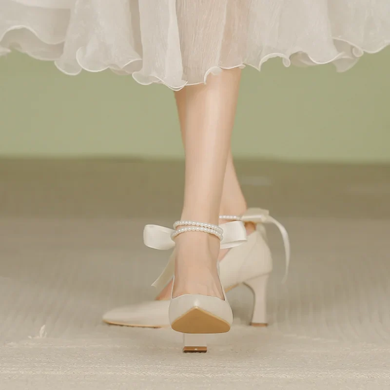 Shoes for Woman  Pumps High Heels Women's Summer Footwear on Heeled Moccasins with Straps Chunky Bow Bride Block Heel Young - Deanwangkt