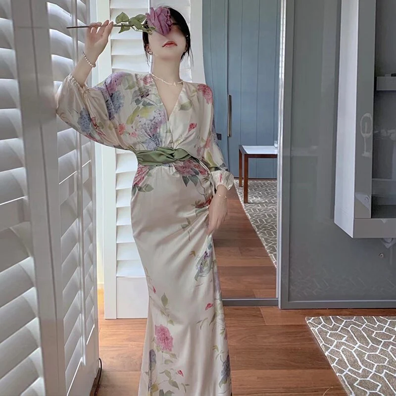 Hulianfu Printing Midi Bodycon Dress Elegant Japan Style V-Neck Long Half Batwing Sleeve Sashes Floral Maxi Dresses for Women Summer 2026 - Deanwangkt