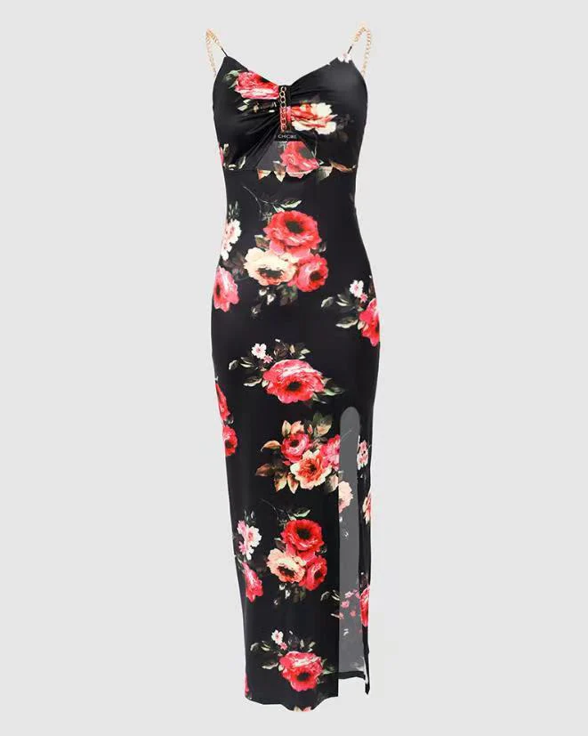 Hulianfu Sexy Spaghetti Strap Backless Floral Midi Bodycon Dress Women 2026  Summer Black  Metal Chain Party Long Dresses For Women - Deanwangkt