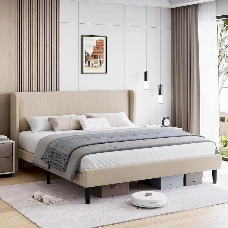 Wooden Bed Frame with Upholstered Headboard