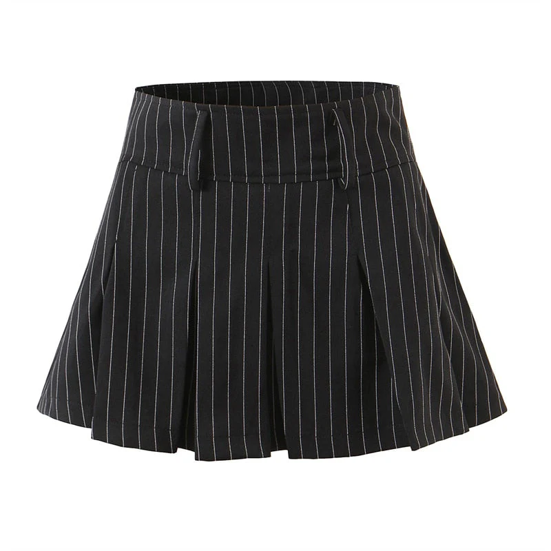 Hulianfu New Spring Summer Chic Vintage Preppy Style Striped High-Waist Pleated Mini Skirt Thin Hot Girl A-Line Skirt Women Fashion - Deanwangkt