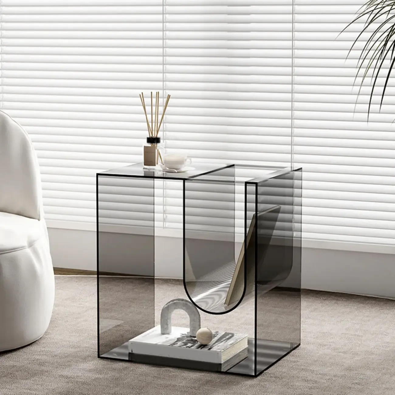 Stylish Gray Acrylic Side Table with Magazine Rack