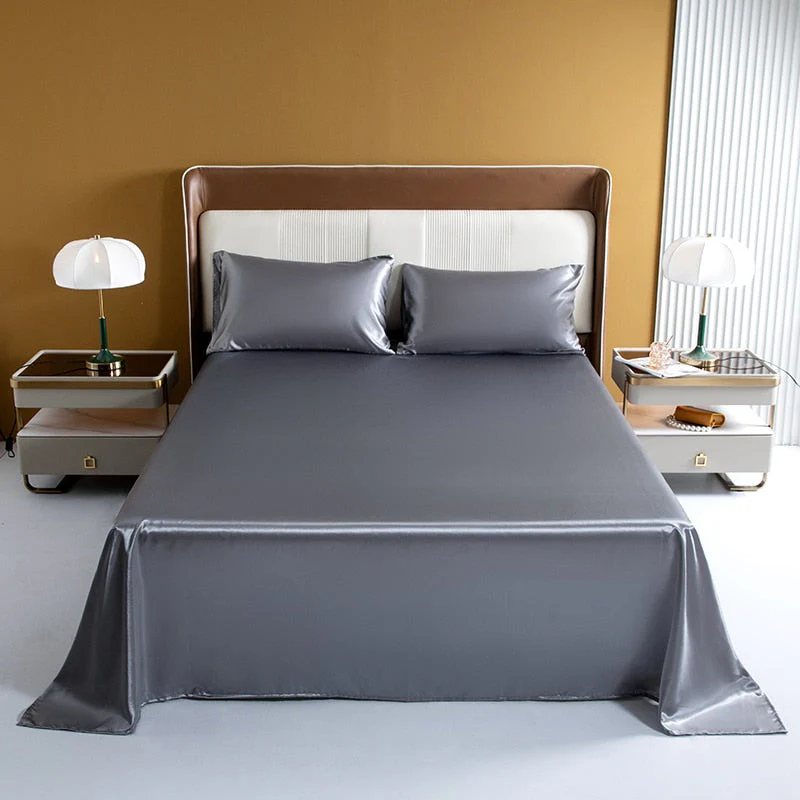 HULIANFU Satin Silk Bedding Sheet Set Solid Color Fitted Sheet Set Single Double King Size Bed Sheet Set Luxury Rayon Flat Sheet Set - Deanwangkt