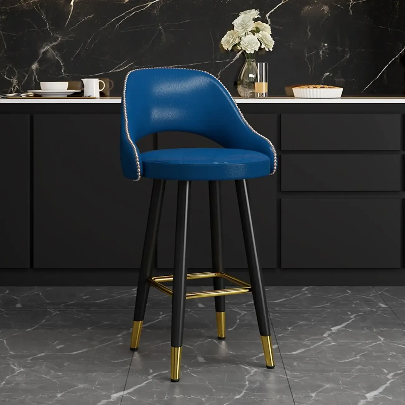 Modern Round Leather Curved Back Bar Stools