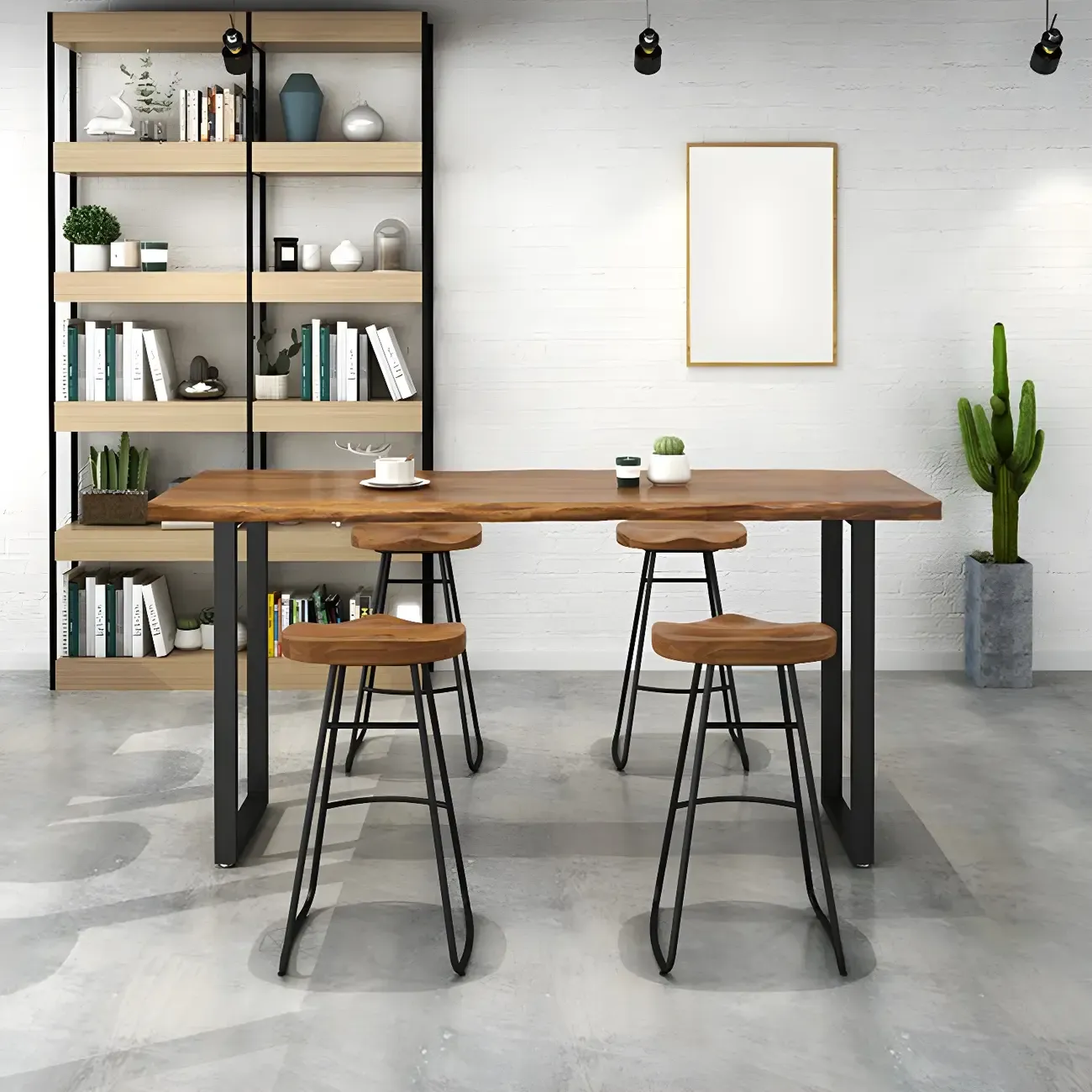 Pine Wood Rectangular Metal Base Bar Table Brown