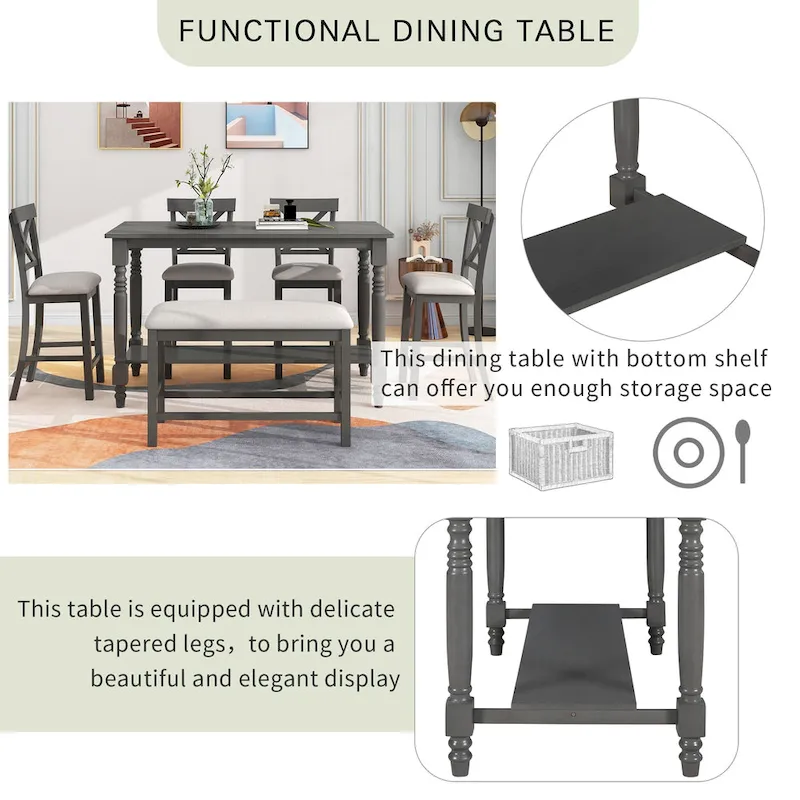 Nestfair 6-Piece Counter Height Dining Table Set with Chairs and Bench