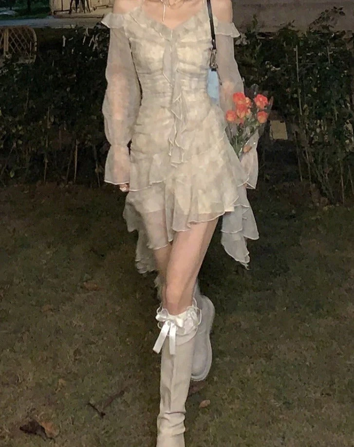 Hulianfu French Style Floral Dress for Women 2026  V Neck Long Sleeve Mini Dress Elegant Chic Sweet Asymmetrical Midi Sexy Dress - Deanwangkt